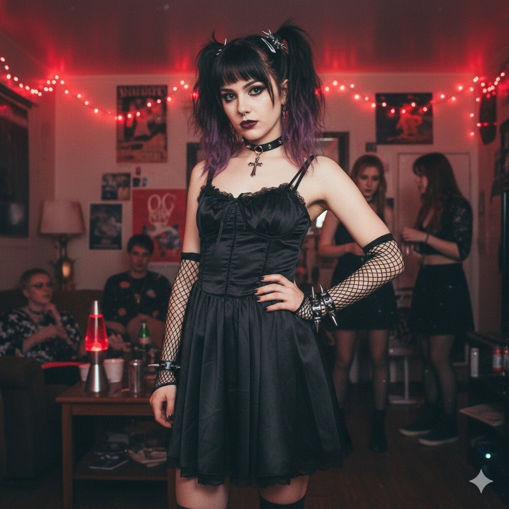Y2K Goth Basque Waist Black Satin Lace Trim Corset Tie‎ Mini Dress XS Milkmaid